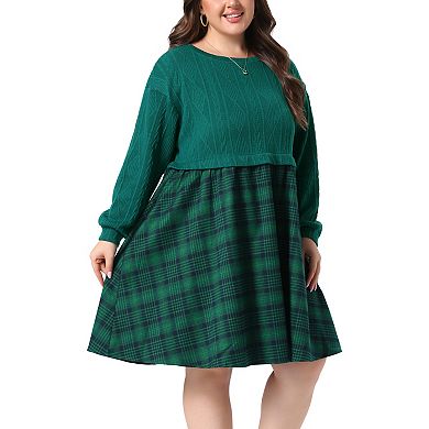 Women's Plus Size Knit Plaid Patchwork Long Sleeve Midi Dress with Pockets