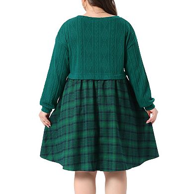 Women's Plus Size Knit Plaid Patchwork Long Sleeve Midi Dress with Pockets