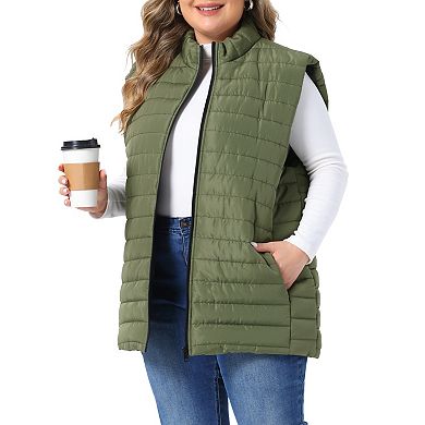 Women's Plus Size Stand Collar Zip Up Puffer Vest Sleeveless Jacket with Side Pockets