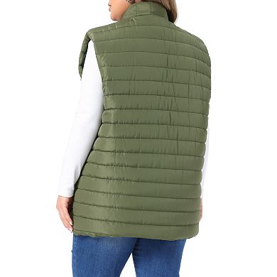 Women's Plus Size Stand Collar Zip Up Puffer Vest Sleeveless Jacket with Side Pockets