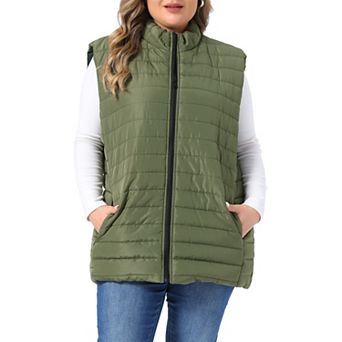 Women's Plus Size Stand Collar Zip Up Puffer Vest Sleeveless Jacket with Side Pockets