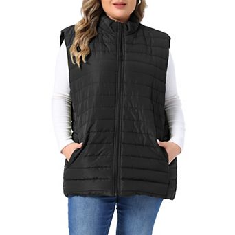 Women's Plus Size Stand Collar Zip Up Puffer Vest Sleeveless Jacket with Side Pockets