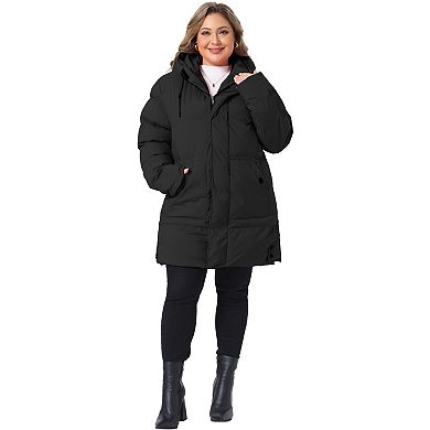 Women's Plus Size Hooded Mid Length Coat Full Zip Winter Jacket with Side Pockets