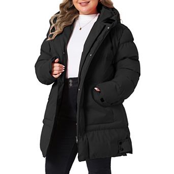 Women's Plus Size Hooded Mid Length Coat Full Zip Winter Jacket with Side Pockets