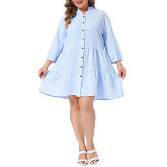 Women's Plus Size Stand Collar Notched V Neck 3/4 Sleeve Tiered Button Front Babydoll Dress