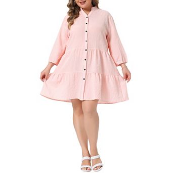Women's Plus Size Stand Collar Notched V Neck 3/4 Sleeve Tiered Button Front Babydoll Dress