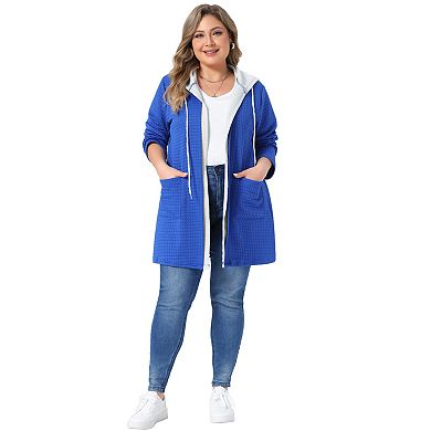 Women's Plus Size Color Contrast Hooded Waffle Open Front Long Cardigan Jacket with Pockets