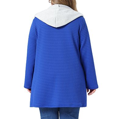 Women's Plus Size Color Contrast Hooded Waffle Open Front Long Cardigan Jacket with Pockets
