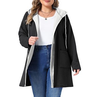 Women's Plus Size Color Contrast Hooded Waffle Open Front Long Cardigan Jacket with Pockets