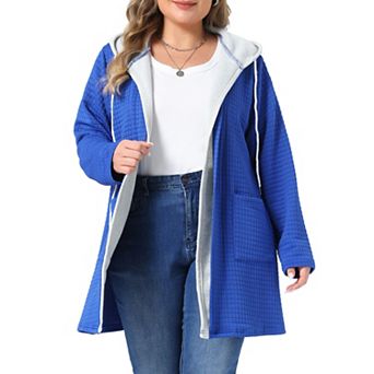 Women's Plus Size Color Contrast Hooded Waffle Open Front Long Cardigan Jacket with Pockets