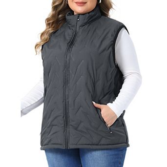 Women's Plus Size Zip Up Quilted Vest Sleeveless Gilet with Zipper Side Pockets