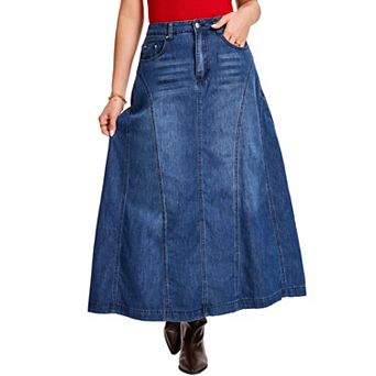 Women's Denim Maxi Skirt Casual High Waisted Distressed Wash A Line Swing Long Jean Skirts
