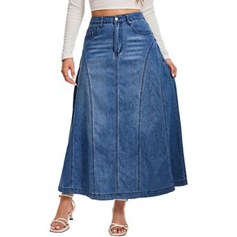 Women's Denim Maxi Skirt Casual High Waisted Distressed Wash A Line Swing Long Jean Skirts