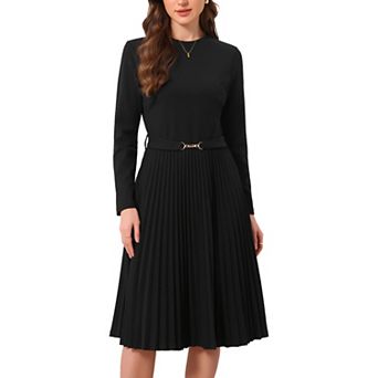 Elegant Work Dresses for Women Long Sleeve Crew Neck Belt Decro Pleated A-Line Midi Dress