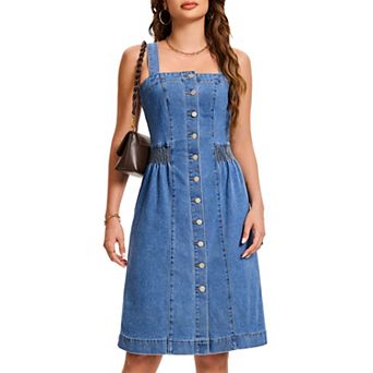 Button Down Denim Dress for Women's Sleeveless Square Neck Jean Dresses