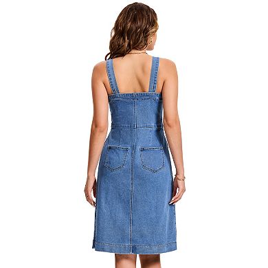 Button Down Denim Dress for Women's Sleeveless Square Neck Jean Dresses