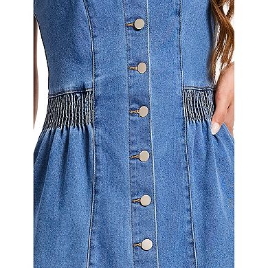 Button Down Denim Dress for Women's Sleeveless Square Neck Jean Dresses