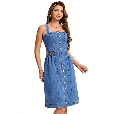 Button Down Denim Dress for Women's Sleeveless Square Neck Jean Dresses
