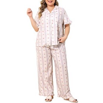Women's Plus Size Notch Lapel Short Sleeve Pajama Set Ruffle Cuff Top & Ruffle Hem Wide Leg Pants