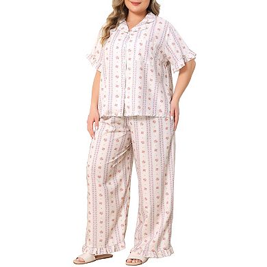 Women's Plus Size Notch Lapel Short Sleeve Pajama Set Ruffle Cuff Top & Ruffle Hem Wide Leg Pants