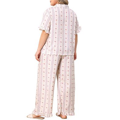Women's Plus Size Notch Lapel Short Sleeve Pajama Set Ruffle Cuff Top & Ruffle Hem Wide Leg Pants