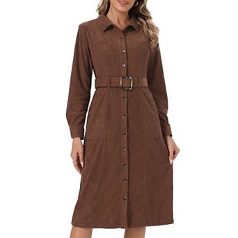 Corduroy Dress for Women Long Sleeve Button Down Shirt Dress with Belt Pockets Casual Midi Dress
