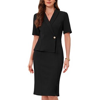 Women's Faux Wrap Dress Lapel V Neck Short Sleeve Office Work Pencil Dresses