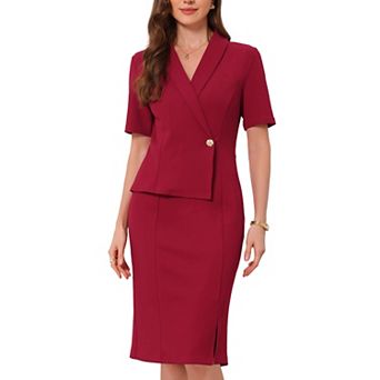 Women's Faux Wrap Dress Lapel V Neck Short Sleeve Office Work Pencil Dresses