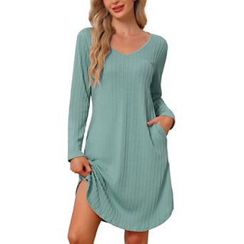 Women's Nightgown Long Sleeve V-Neck Soft Cozy Cable Knit Knee Length Sleep Dress Loungewear Dress