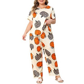 Women's Plus Size Round Neck Short Sleeve Pajama Set Crew Neck Top & Wide Leg Long Pants Loungewear