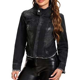 Women's Zip Up Washed Denim Biker Jacket