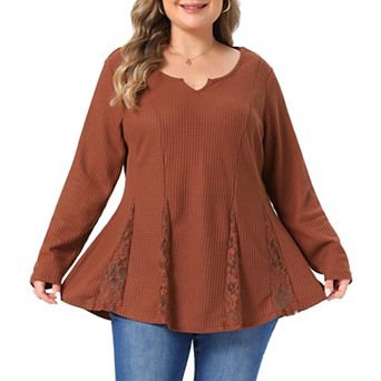 Women's Plus Size Notch Split V Neck Waffle Knit Lace Spliced Long Sleeve Peplum Blouse