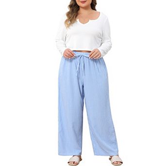 Women's Plus Size Notched V Neck Long Sleeve Top & Stripe Wide Leg Pants 2 pc Pajama Lounge Set
