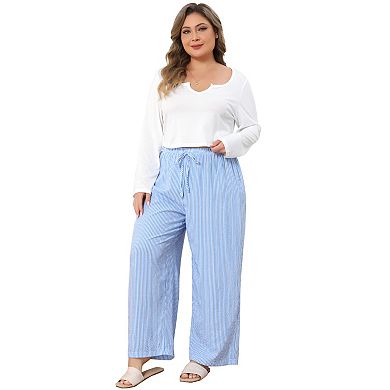 Women's Plus Size Notched V Neck Long Sleeve Top & Stripe Wide Leg Pants 2 Piece Pajama Lounge Set