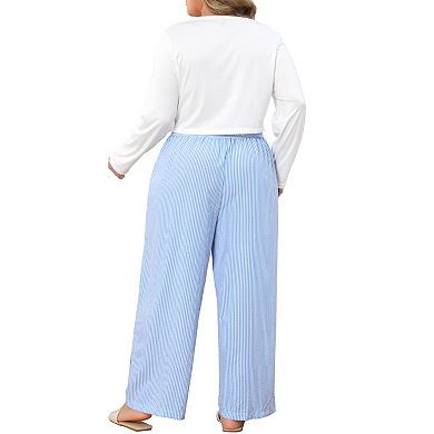 Women's Plus Size Notched V Neck Long Sleeve Top & Stripe Wide Leg Pants 2 Piece Pajama Lounge Set