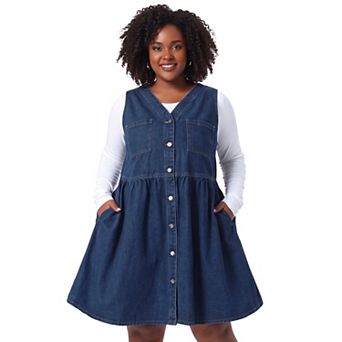 Women's Plus Size V Neck Sleeveless Button Front Denim Dress with Side Pockets