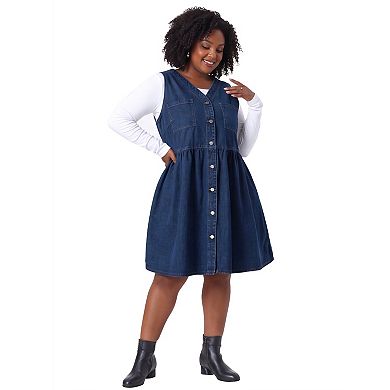 Women's Plus Size V Neck Sleeveless Button Front Denim Dress with Side Pockets