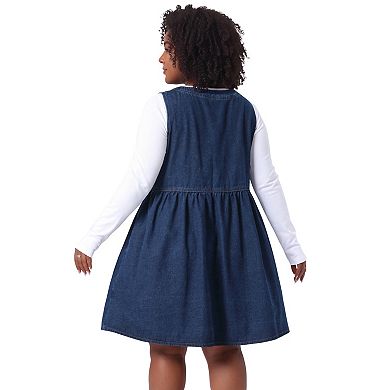 Women's Plus Size V Neck Sleeveless Button Front Denim Dress with Side Pockets