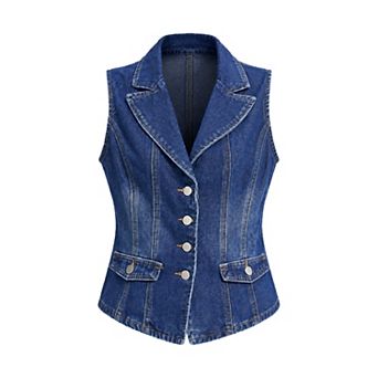Women's Denim Vest Sleeveless V Neck Notched Lapel Western Waistcoat Jean Vest Top