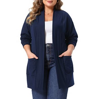 Women's Plus Size Open Front Long Sleeve Mid Length Cardigan with Side Patch Pockets