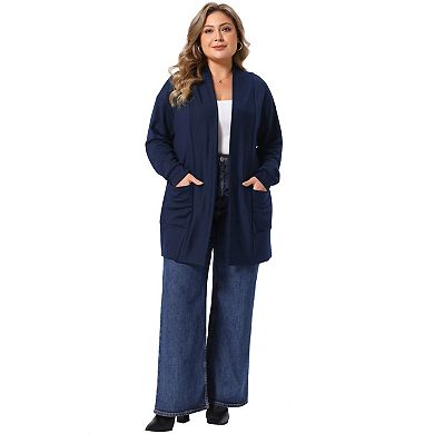 Women's Plus Size Open Front Long Sleeve Mid Length Cardigan with Side Patch Pockets