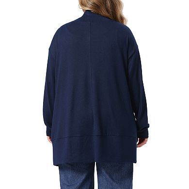 Women's Plus Size Open Front Long Sleeve Mid Length Cardigan with Side Patch Pockets