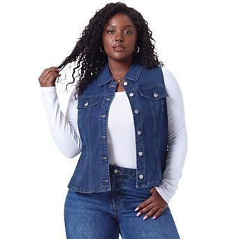 Women's Plus Size Lapel Collar Sleeveless Button Front Cropped Denim Vest Jacket