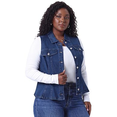 Women's Plus Size Lapel Collar Sleeveless Button Front Cropped Denim Vest Jacket