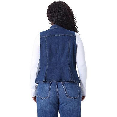 Women's Plus Size Lapel Collar Sleeveless Button Front Cropped Denim Vest Jacket