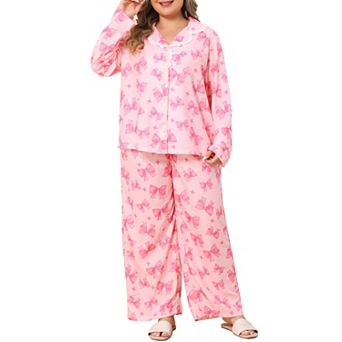 Women's Plus Size Lapel Button Down Long Sleeve Top & Wide Leg Pants 2 pc Pajama Loungewear Set
