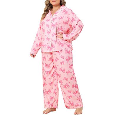 Women's Plus Size Lapel Button Down Long Sleeve Top & Wide Leg Pants 2 Piece Pajama Loungewear Set