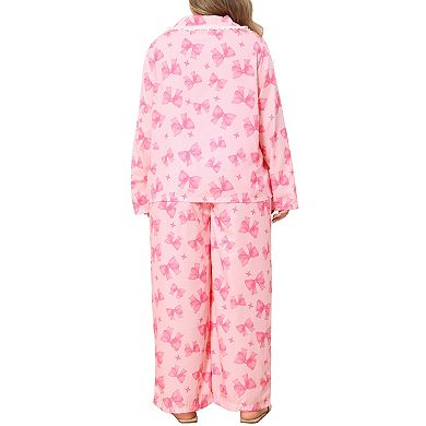 Women's Plus Size Lapel Button Down Long Sleeve Top & Wide Leg Pants 2 Piece Pajama Loungewear Set