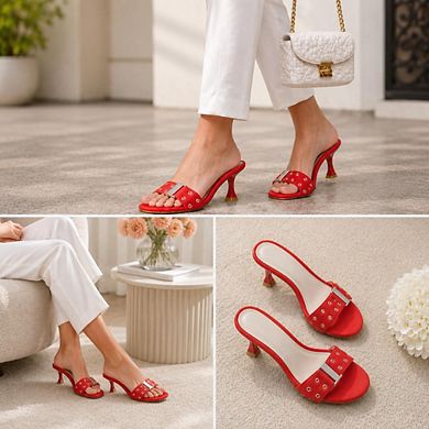 AD-Elton4 Studded Buckle Strap Kitten Heel Slide Sandals