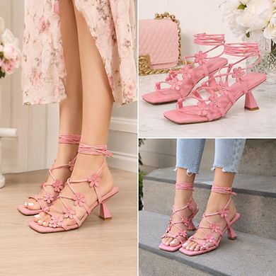 AD-Lillian4 Floral Lace-Up Square Toe Heeled Sandals with Wraparound Ankle Straps